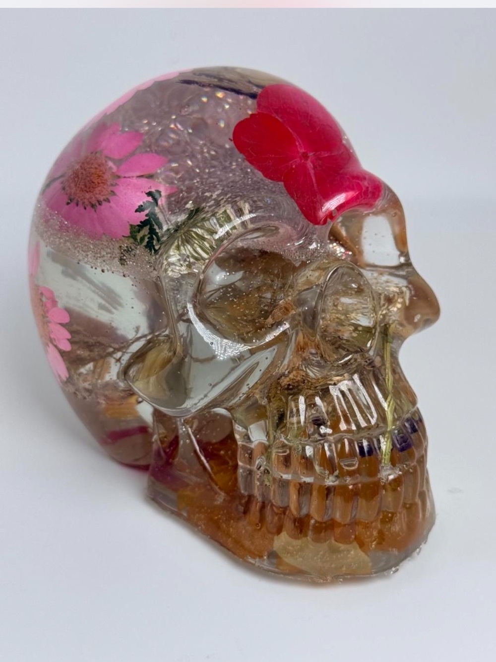 Resin Flower Skull Sculpture - Pink Floral Accent